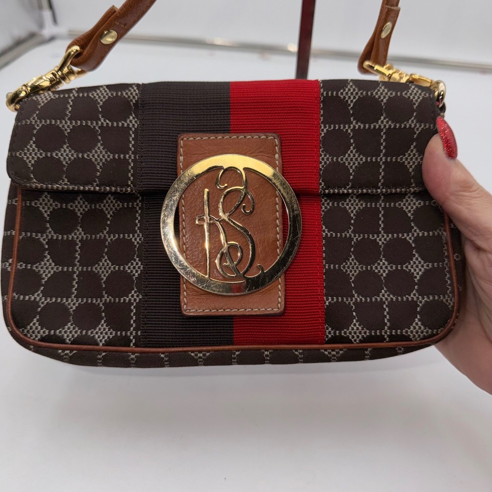 Kate Spade New York Signature Pattern Striped Shoulder Bag Brown Red